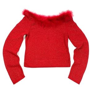 Vintage Y2K Faux Fur Trim Red Sparkle Sweater